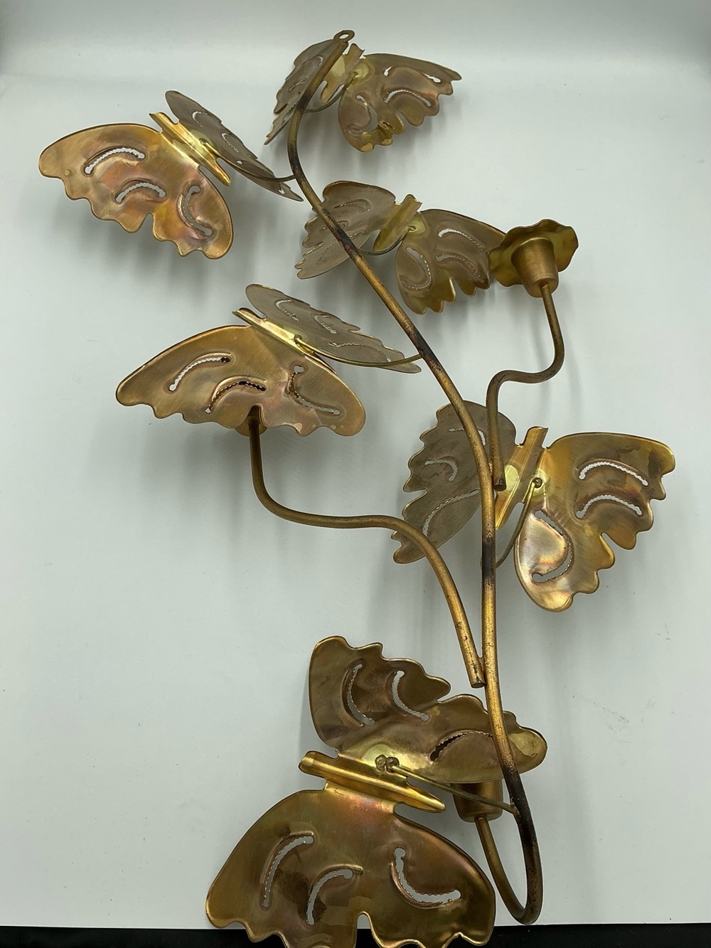 Vtg MCM Metal Art Brass Butterflies Wall Hanging 3 Candle Sconces 24” x 11” EUC - Picture 5 of 5